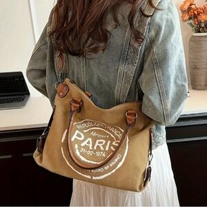 Tan and Brown Leather Shoulder Bag with Paris Branding